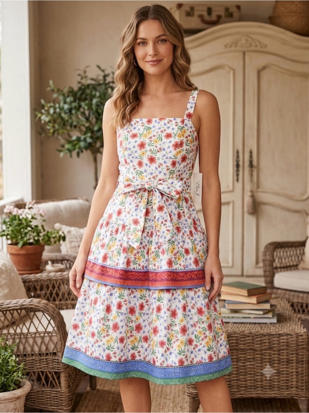 Eliza J $138 White Floral Tiered Sundress Pink Blue Green Trim Size 10 - Picture 2 of 9